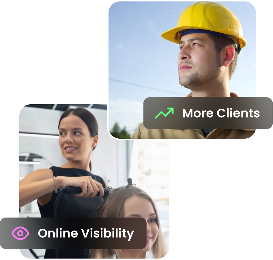Service business marketing results shown with a construction worker representing more clients and a hairstylist representing improved online visibility through digital marketing.