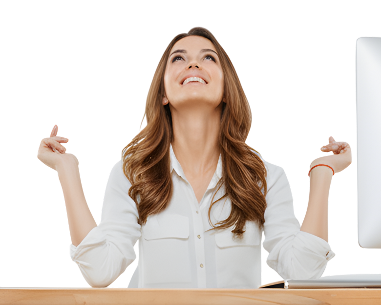 Businesswoman celebrating the results of effective SEO, PPC, and AI marketing automations.